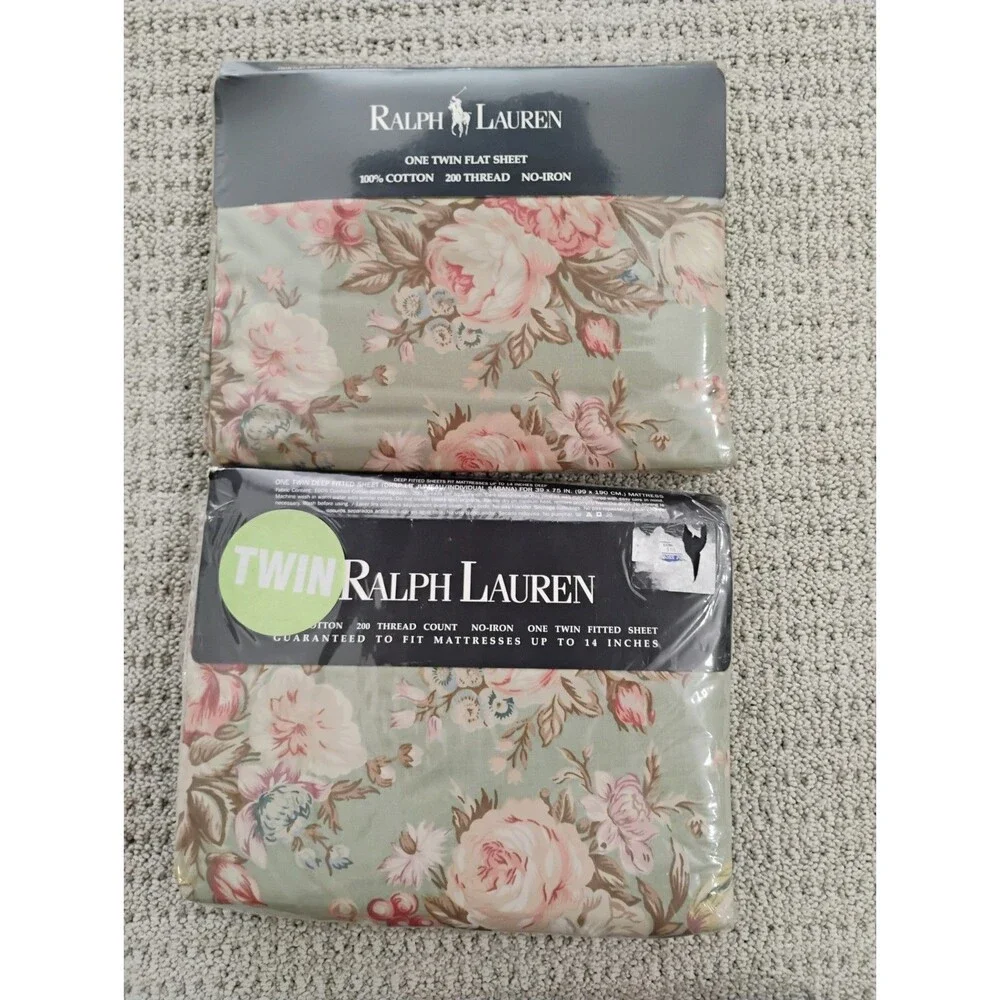 Ralph Lauren Charlotte Green TWIN Flat & Fitted Sheet 100% Cotton NOS